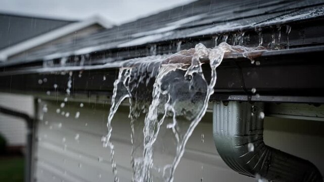 Overflowing rainwater spilling from clogged roof gutter during heavy rain on residential house