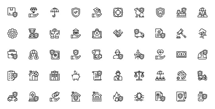Insurance icon set. Vector illustration pack featuring symbols for life, health, car, home insurance, shield, family, finance, safety, and more. Editable thin line icons.