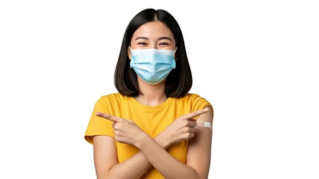 Vaccinated and Victorious: A vibrant young woman, masked and bandaged, beams with confidence as she showcases her vaccination. Her joyful expression symbolizes hope, health, and a bright future.