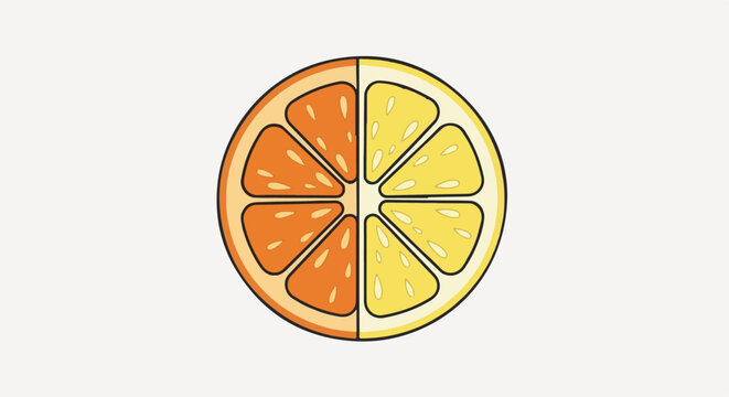 A cartoon depiction of a halved citrus fruit, split into orange and lemon slices