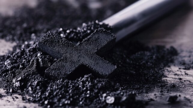 炭の粉に埋もれた黒い十字架。灰の水曜日や悔い改めの象徴。重厚な質感のクローズアップ