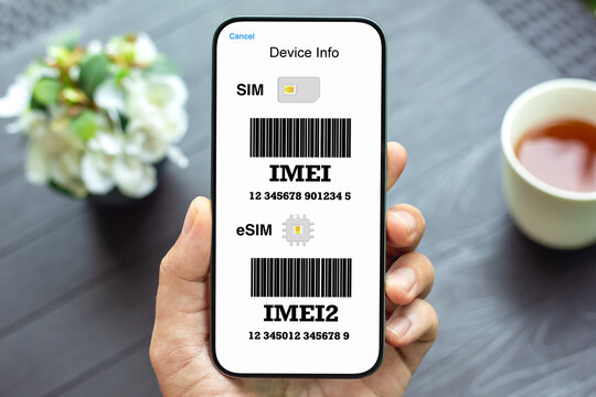 Phone IMEI screen SIM eSIM device info barcode male hand