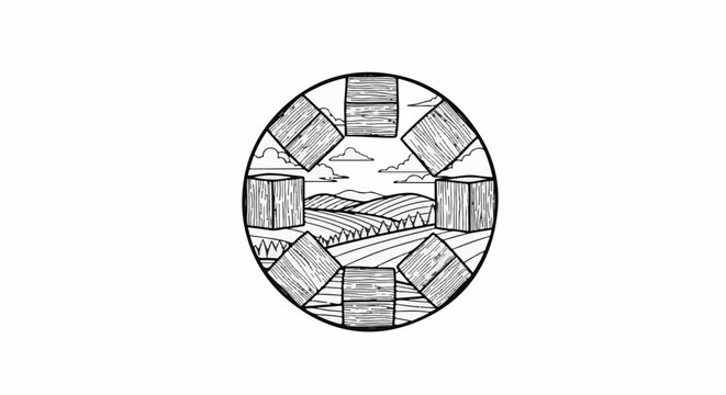 Circular emblem of rolling hills with clouds above and stacked wood blocks