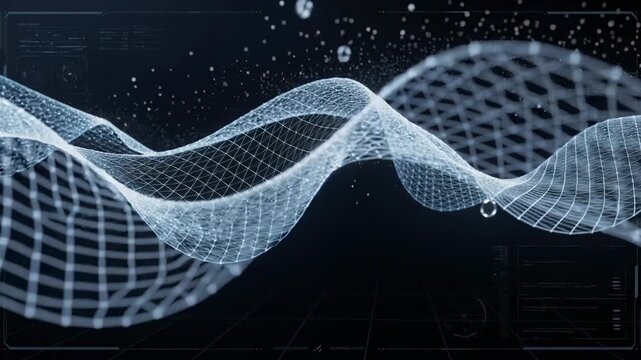 Abstract futuristic digital wave with glowing mesh grid and data points on dark background for technology concept