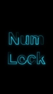 Blue neon glowing text num lock on animated black background. Num lock keyboard computer text with blue neon glow. Animated black background featuring blue neon glowing text num lock.
