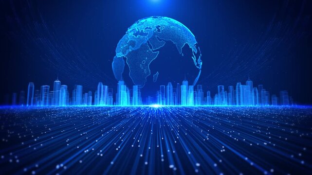 Futuristic city skyline glowing digital blue background. Modern hi-tech, science, technology . Abstract digital high tech city, networking digital society. Sky background. Future city smart city .