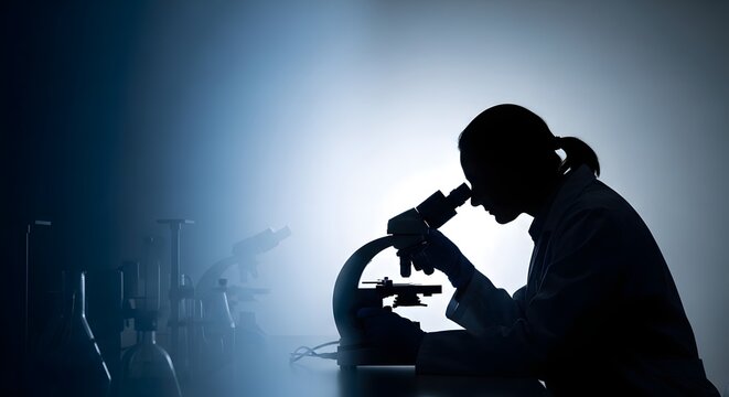 Silhouette of a scientist examining a sample under a microscope in a laboratory setting with various equipment