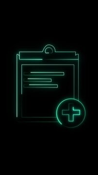Neon clipboard with plus sign icon on animated black background. Clipboard icon document paper with neon glow. Animated black background featuring neon clipboard with plus sign icon paper.