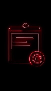 Neon clipboard with at symbol icon on animated black background. Clipboard icon document paper with neon glow. Animated black background featuring neon clipboard with at symbol icon paper.