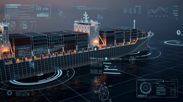 Futuristic digital container ship with data analytics and smart technology on ocean water at night