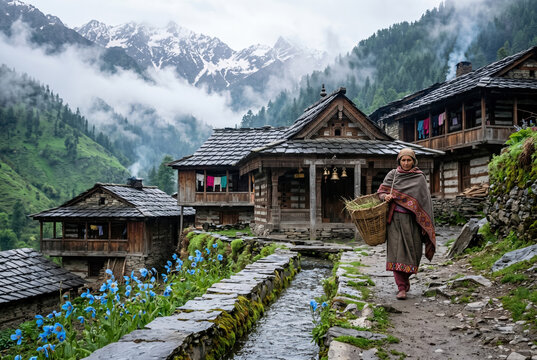 Traditional wooden mountain village with woman carrying basket in misty pangi valley