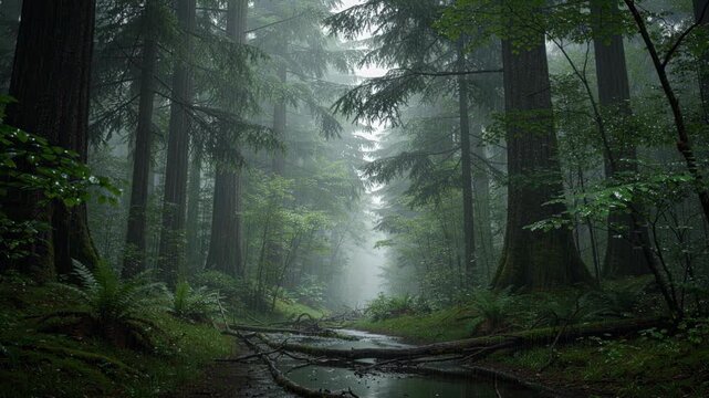 Misty green forest path with tall trees and lush vegetation in serene natural landscape