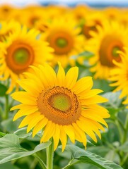 Obraz premium Sunflower field under bright sunlight. Large, vibrant yellow petals surround a textured center. Green leaves frame the blooms. Blurred background creates depth. Ideal for summer, nature