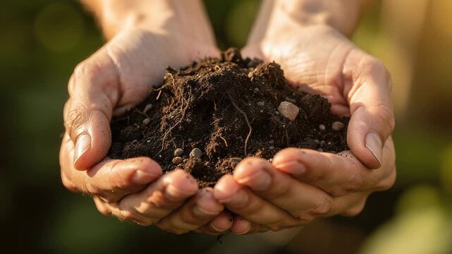 Hands holding rich soil with roots in natural sunlight symbolizing gardening and environmental care