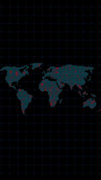Digital world map displaying global outbreak hotspots with red signals animation. World map global monitoring concept with red signals. Futuristic data visualization world map outbreak.