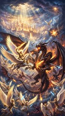 Fototapeta premium Epic celestial battle between angelic warriors on winged steeds and a towering fire-breathing dragon beneath a radiant heavenly citadel, with beams of light and falling embers