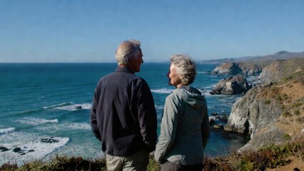 Fototapeta premium Senior couple facing ocean view on coastal bluff trail