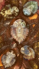 A collection of prehistoric trilobite fossils on a textured dark brown earth background, abstract digital illustration. © DECHA