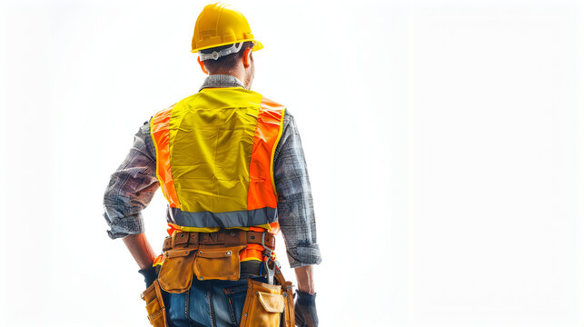 Construction worker backside view wearing yellow hard hat and orange safety vest with tool belt