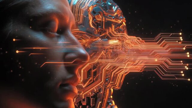 A human face with luminous circuit lines in a futuristic style on dark background, concept of technology and connection