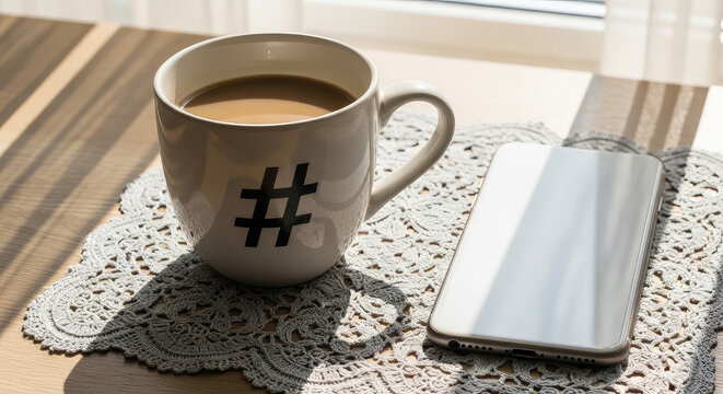 A coffee mug with a hashtag design placed beside a spilled drink on a laptop keyboard.