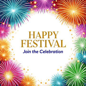 Create a realistic decorative border with colorful exploding fireworks in the sky - celebration card, festival banner vector art with white background..