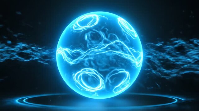A glowing, luminous sphere of energy emanates light and electric currents, floating above a reflective surface and amidst a gaseous atmosphere