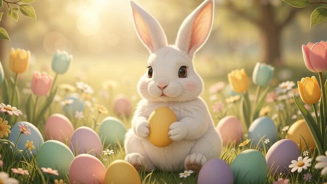 Cute white bunny holding a yellow Easter egg surrounded by colorful eggs and spring flowers in sunlight