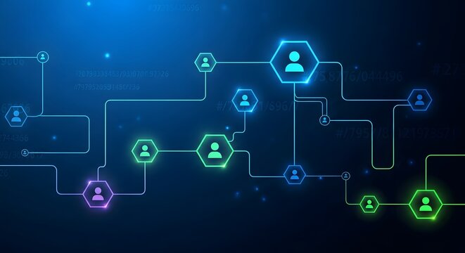 Abstract network connections with glowing hexagonal user icons on a blue