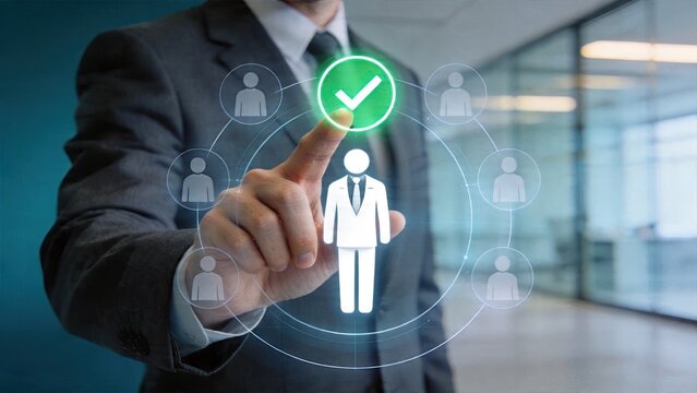 Businessman selecting hiring best candidate for job with digital interface hologram technology
