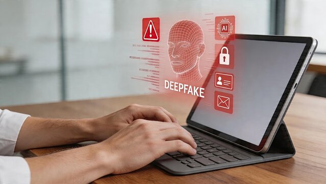 Businessman typing on tablet with holographic deepfake warning artificial intelligence cybersecurity threat fake face detection concept data privacy security icon interface