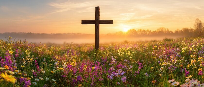 Wooden cross standing in a colorful wildflower meadow at golden sunrise with mist, Wide Banner
