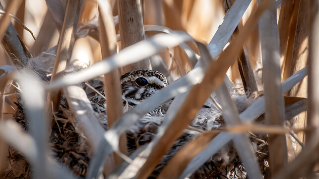 Bird peeking from grass nest emphasizing clean environment and eco-friendly concepts