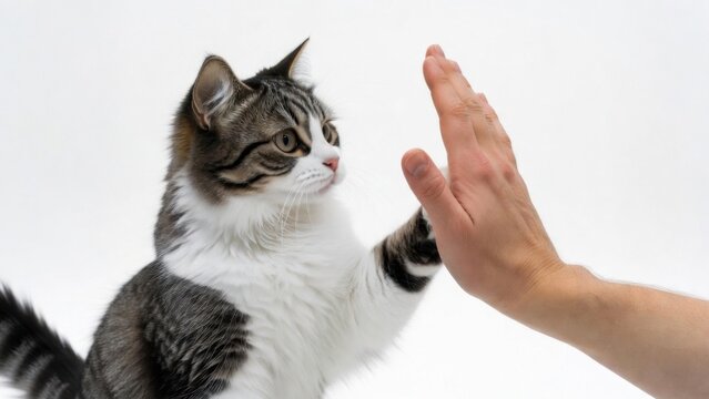 Tabby cat giving high five to human hand on white background