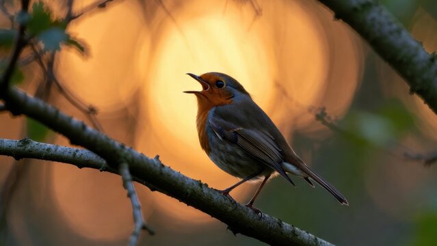 Robin calling on branch with glowing bokeh sunset background