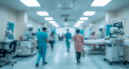 Fototapeta premium Blurry hospital room with people walking around, conveying a busy and active healthcare environment