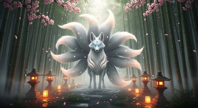 Ethereal Nine-Tailed Spirit Fox Guards a Sacred Moonlit Bamboo Grove with Glowing Lanterns