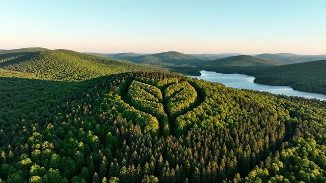 Forest hill with giant leaf shape and distant lake