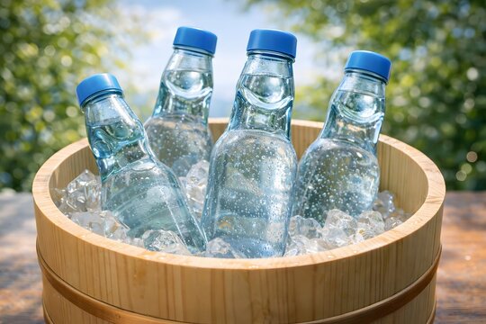 chilled japanese ramune soda bottles in a wooden tub with ice