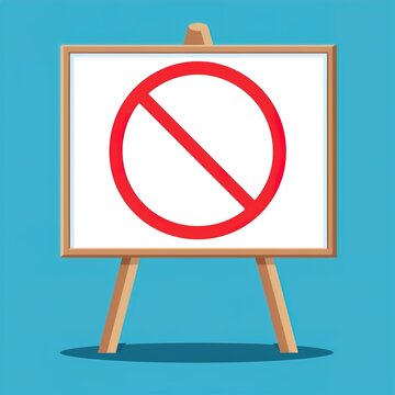 A whiteboard with a red prohibition sign on a wooden easel against a blue background