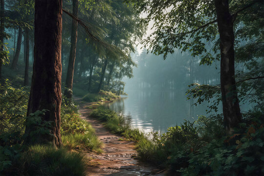 Serene misty forest lake at sunrise with soft sun rays filtering through tall trees and a narrow path along the shoreline.