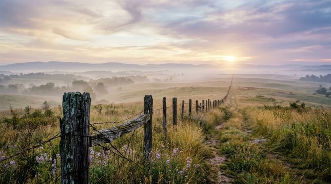Serene Sunrise Over Misty Landscape Sunrise Mist Landscape Fence Valley Nature Scenic. Concept featuring sunrise, mist, landscape, fence, valley for professional commercial design.