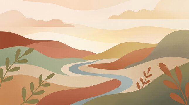 Abstract Landscape with Flowing River Landscape Nature River Hills Art Scenery Colors. Concept featuring landscape, nature, river, hills, art for professional commercial design.