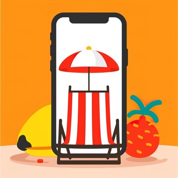 A smartphone displaying a beach scene with a red and white striped chair and umbrella on a vibrant orange background