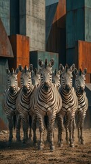 Obraz premium Herd of Zebras in Urban Setting Zebras Wildlife Animals Nature Herd Urban Architecture. Concept featuring zebras, wildlife, animals, nature, herd for professional commercial design.