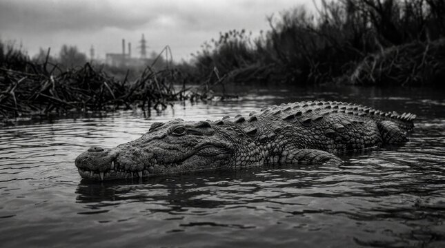 Crocodile in Dark Waters Crocodile Wildlife Black And White Nature Water Reptile Animal. Concept featuring crocodile, wildlife, black and white, nature, water for professional commercial design.