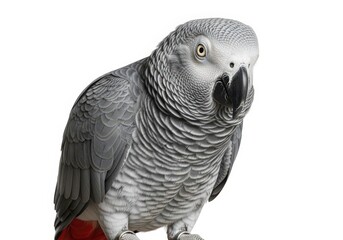 Obraz premium Detailed studio portrait of an African grey parrot isolated on a white background, highlighting its intricate grey feathers and intelligent eye.