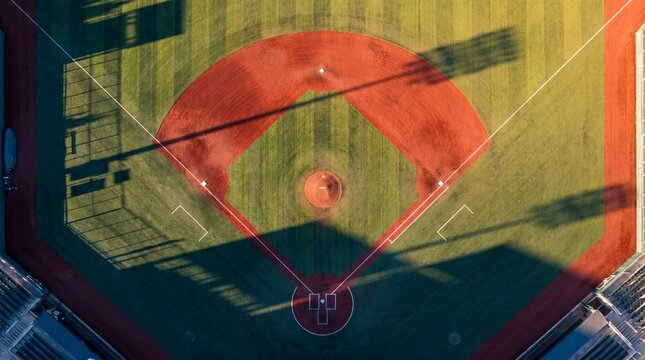 An aerial top-down view of an empty baseball field during golden hour, casting long shadows across the infield and outfield