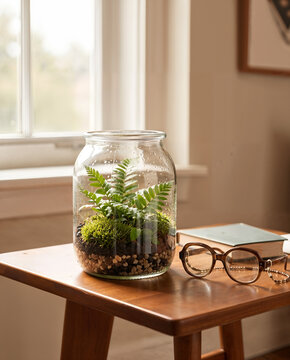 Terrarium with fern plants and decorative stones on wooden table