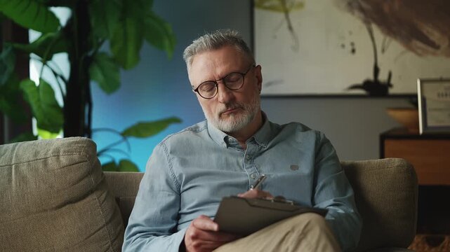 Focused male psychologist listening to patient during private therapy session